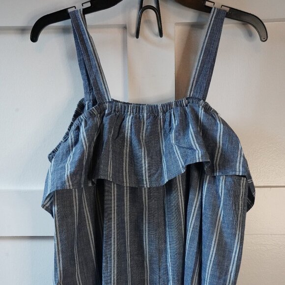 NWT, J. Crew Factory, Striped Chambray Ruffle-neck Cold Shoulder Dress, Blue - Picture 4 of 9